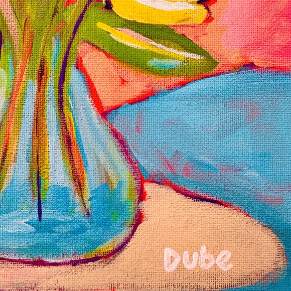 Original Painting Abstract Collectible Yellow Tulips Stems Water 10"x10" Canvas - Picture 6 of 11